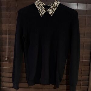 J. Crew Black Crewneck Sweater with Leopard Collar